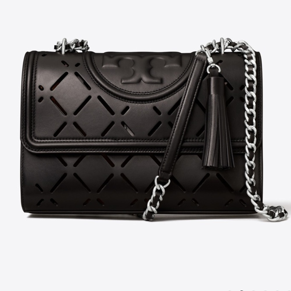 TORY BURCH FLEMING DIAMOND CUT-OUT PERFORATED CONVERTIBLE SHOULDER BAG IN BLACK